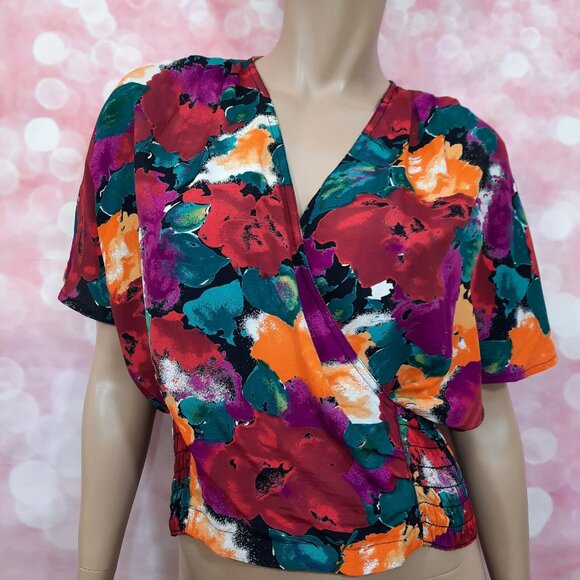 Vintage 80s Carole Little Floral Flutter Sleeve Top Size L Rayon Crepe Faux Wrap - Picture 1 of 11